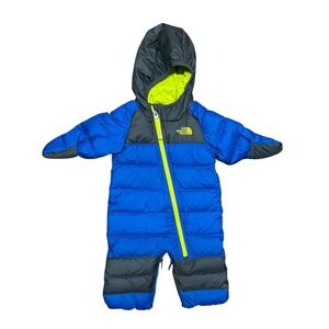 The North Face Kids Blue & Charcoal Puffer Snowsuit with Neon Yellow Trim